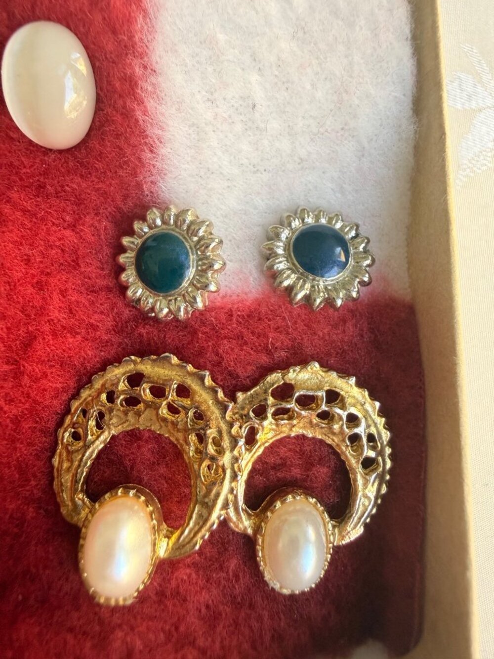 Vintage Pierced Earrings Set Of 5 Featuring Gold, Pearl, Red, Blue, Green Tones - Picture 2 of 10